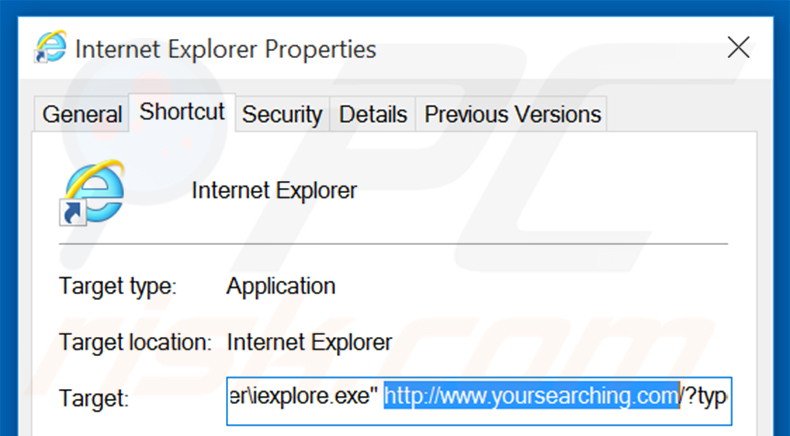 Eliminar yoursearching.com del destino del acceso directo de Internet Explorer paso 2