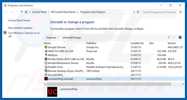 desinstalar el secuestrador de navegadores yoursearching.com desde el Panel de control