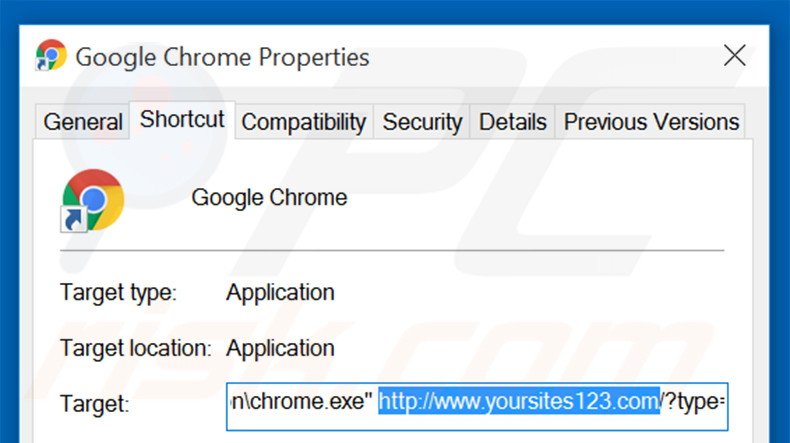 Eliminar yoursites123.com del destino del acceso directo de Google Chrome paso 2