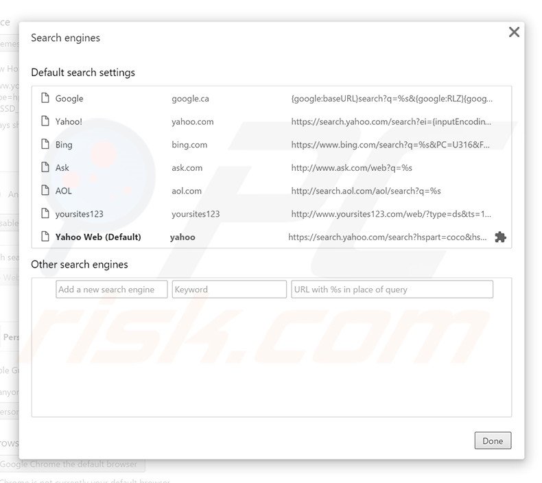 Eliminado yoursites123.com del motor de búsqueda predeterminado en Google Chrome