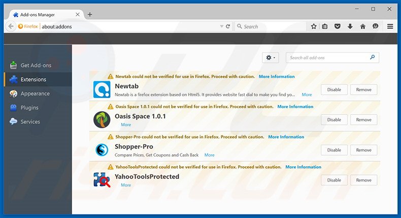 Eliminando las extensiones vinculadas a yoursites123.com en Mozilla Firefox