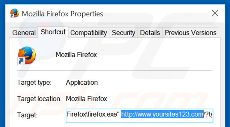 Eliminar yoursites123.com del destino del acceso directo de Mozilla Firefox paso 2