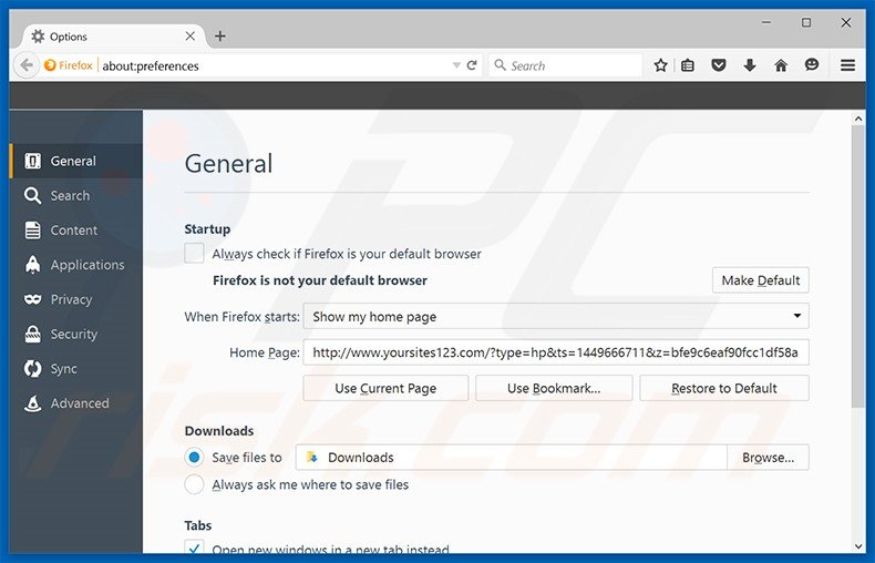 Eliminando yoursites123.com de la página de inicio de Mozilla Firefox