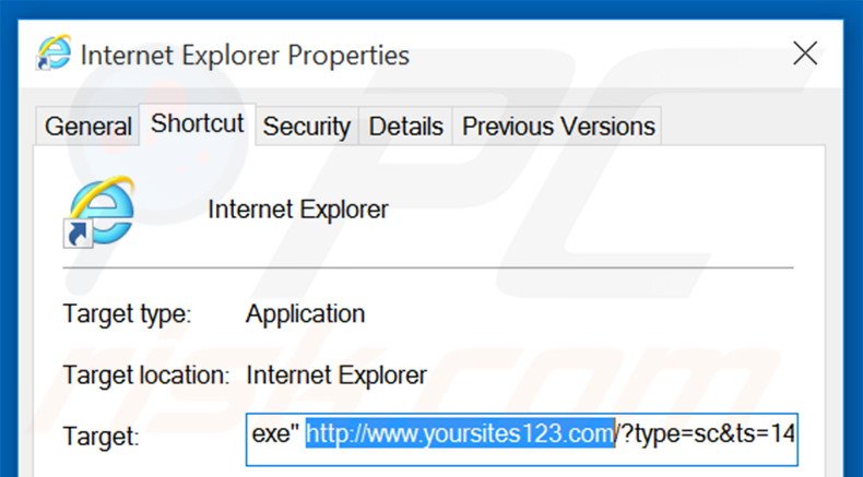 Eliminar yoursites123.com del destino del acceso directo de Internet Explorer paso 1