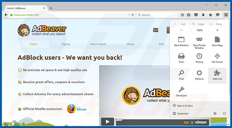 Eliminando los anuncios AdBeaver de Mozilla Firefox paso 1