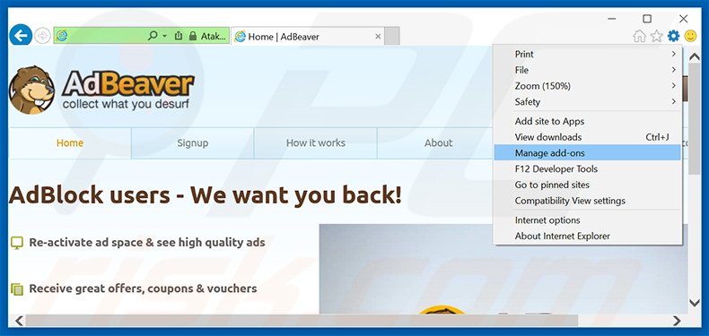 Eliminando los anuncios de AdBeaver de Internet Explorer paso 1