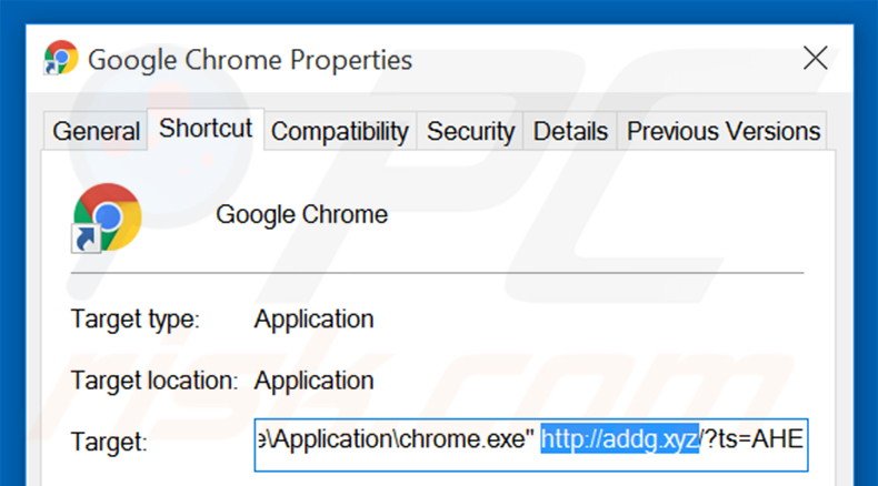 Eliminar addg.xyz del destino del acceso directo de Google Chrome paso 2