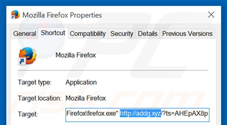 Eliminar addg.xyz del destino del acceso directo de Mozilla Firefox paso 2