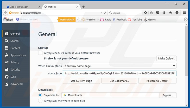 Eliminando addg.xyz de la página de inicio de Mozilla Firefox