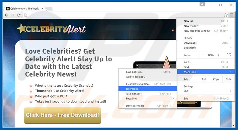 Eliminando los anuncios de Celebrity Alert de Google Chrome paso 1
