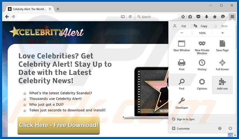 Eliminando los anuncios de Celebrity Alert de Mozilla Firefox paso 1