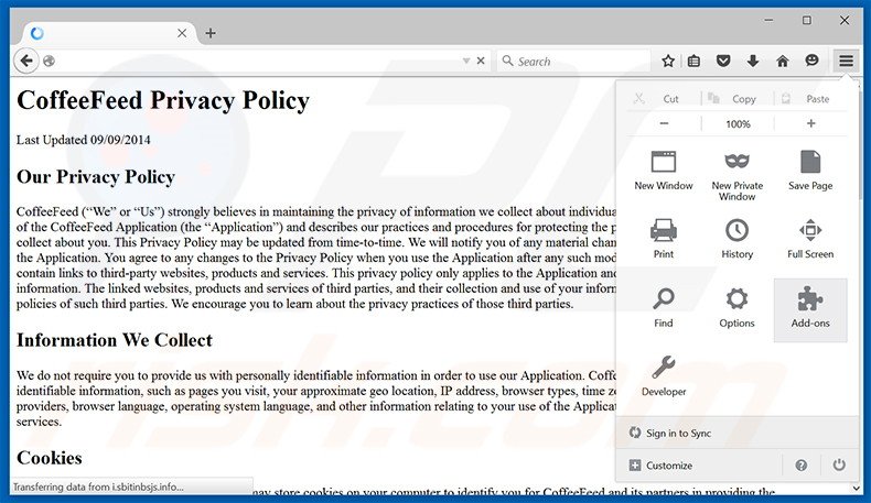 Eliminando los anuncios CoffeeFeed de Mozilla Firefox paso 1