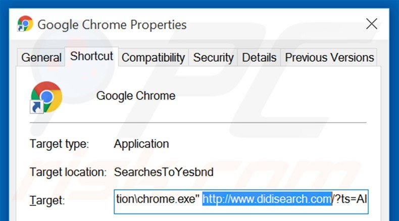 Eliminar didisearch.com del destino del acceso directo de Google Chrome paso 2