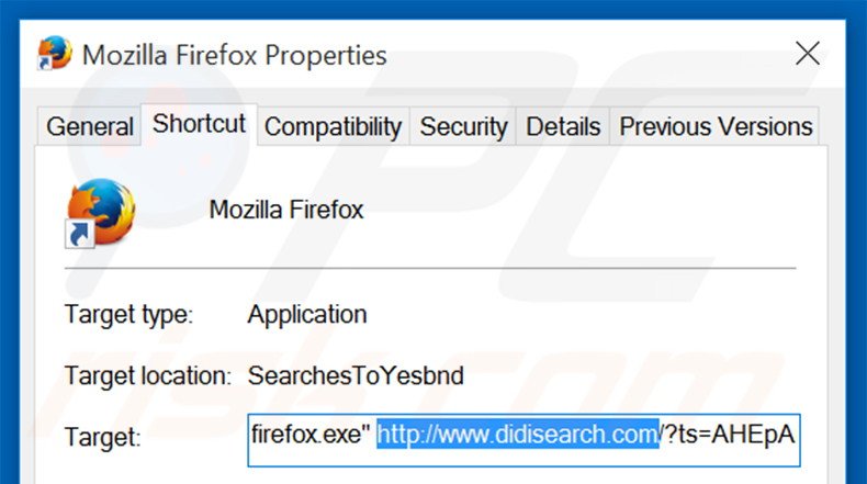 Eliminar didisearch.com del destino del acceso directo de Mozilla Firefox paso 2