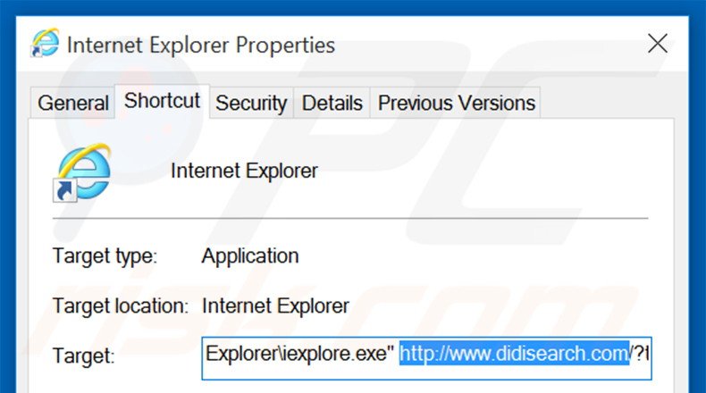 Eliminar didisearch.com del destino del acceso directo de Internet Explorer paso 2