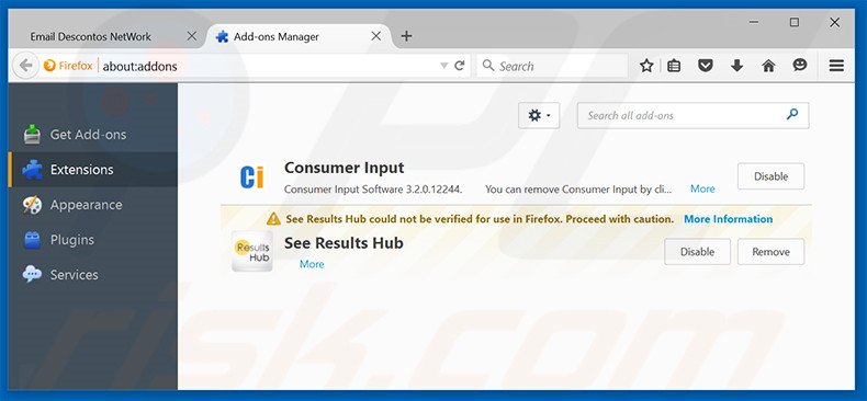 Eliminando los anuncios de Email Descontos de Mozilla Firefox paso 2