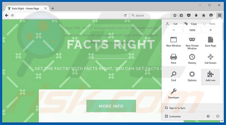 Eliminando los anuncios de Facts Right de Mozilla Firefox paso 1