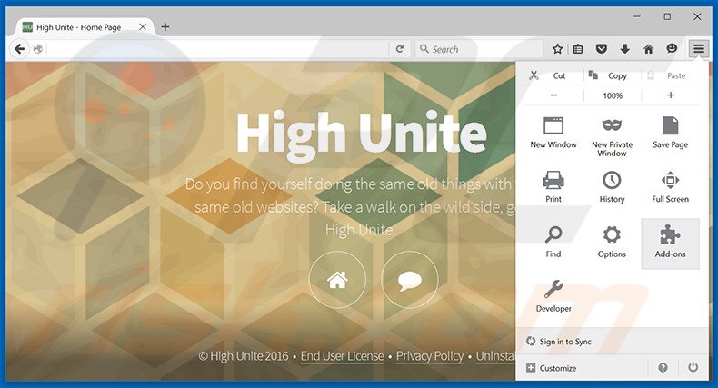 Eliminando los anuncios de High Unite de Mozilla Firefox paso 1