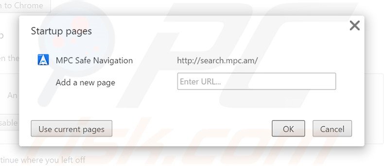 Eliminando search.mpc.an de la página de inicio de Google Chrome