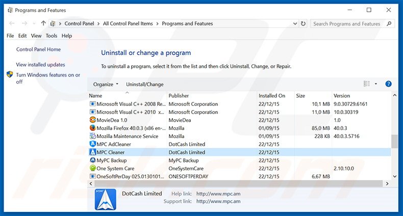 desinstalar MPC Cleaner del Panel de control