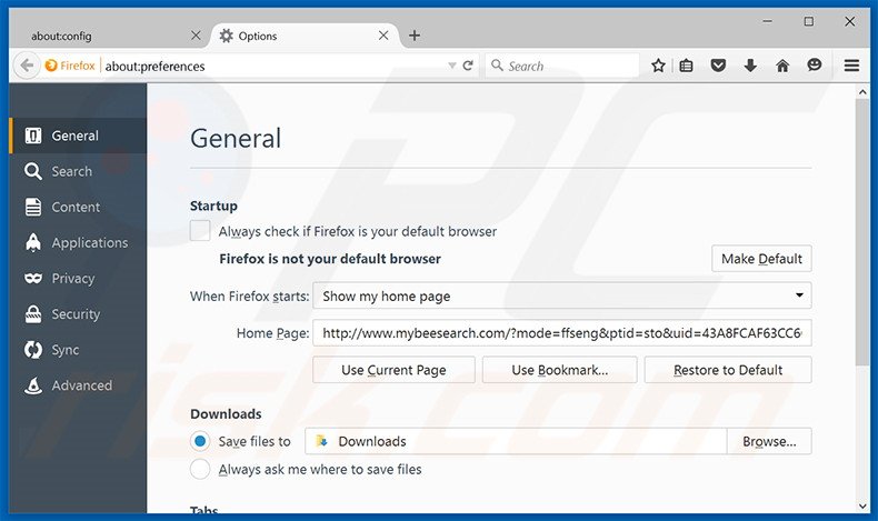 Eliminando mybeesearch.com de la página de inicio de Mozilla Firefox