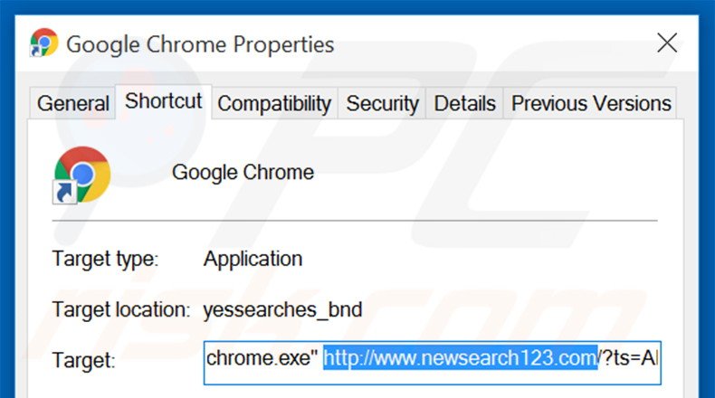 Eliminar newsearch123.com del destino del acceso directo de Google Chrome paso 2