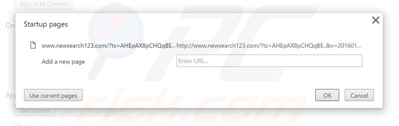 Eliminando newsearch123.com de la página de inicio de Google Chrome