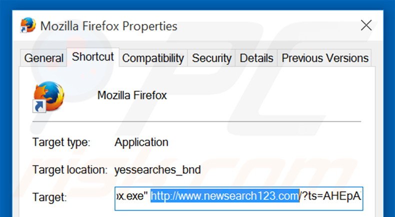 Eliminar newsearch123.com del destino del acceso directo de Mozilla Firefox paso 2
