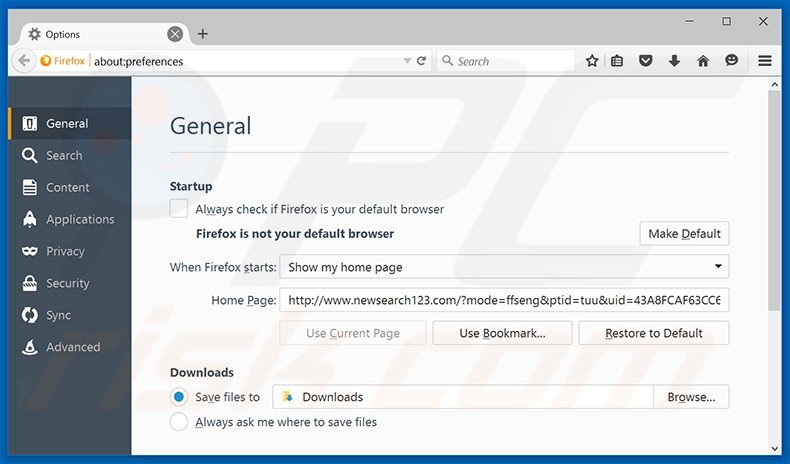 Eliminando newsearch123.com de la página de inicio de Mozilla Firefox