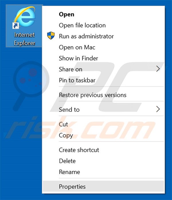 Eliminar newsearch123.com del destino del acceso directo de Internet Explorer paso 1