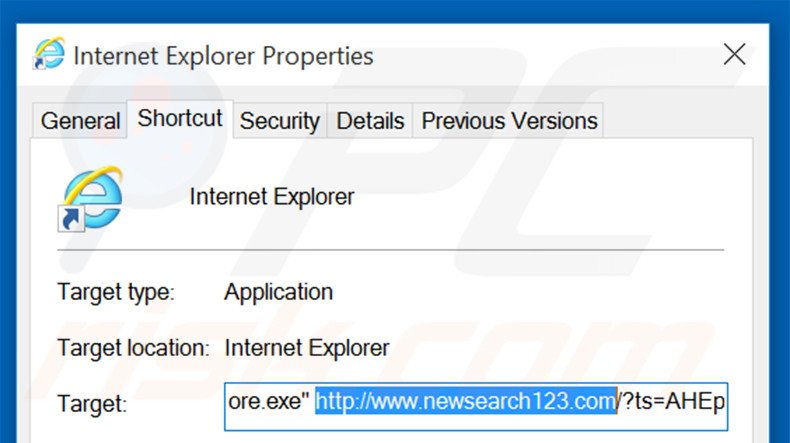 Eliminar newsearch123.com del destino del acceso directo de Internet Explorer paso 2