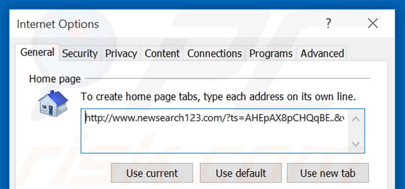 Eliminando newsearch123.com de la página de inicio de Internet Explorer