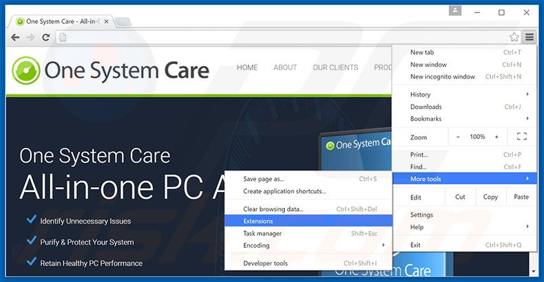 Eliminando los anuncios de One System Care de Google Chrome paso 1
