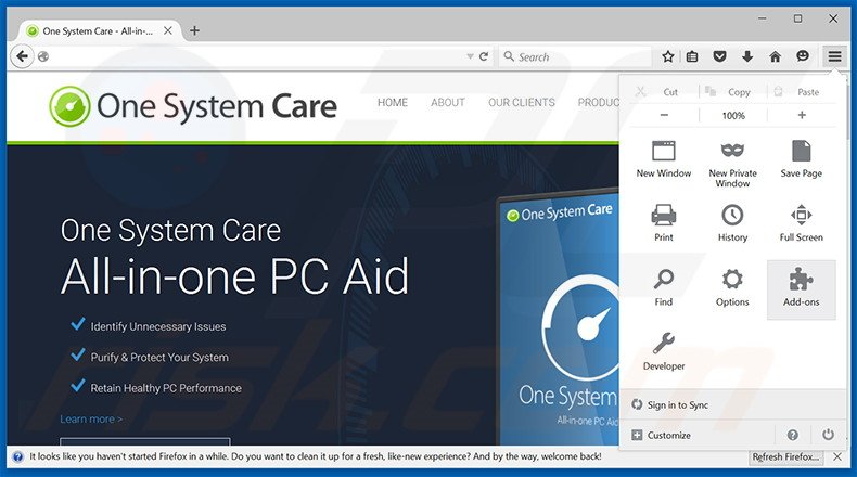 Eliminando los anuncios de One System Care de Mozilla Firefox paso 1