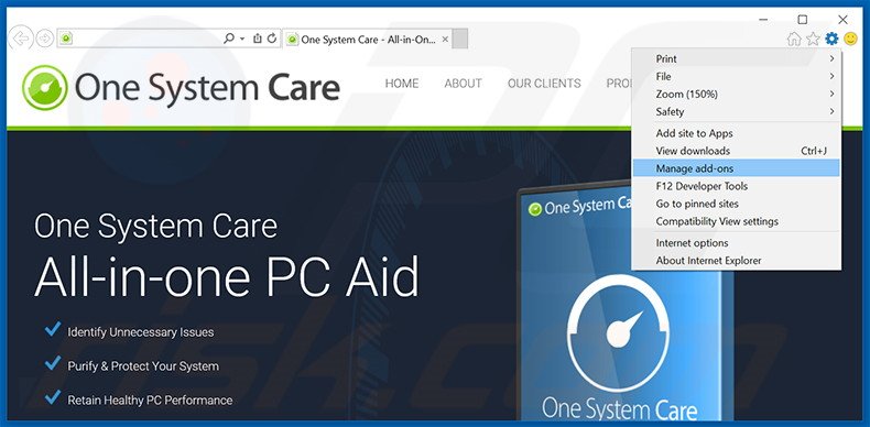 Eliminando los anuncios de One System Care de Internet Explorer paso 1