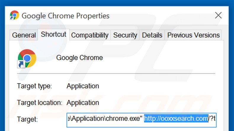 Eliminar ooxxsearch.com del destino del acceso directo de Google Chrome paso 2