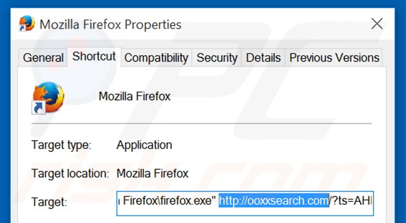 Eliminar ooxxsearch.com del destino del acceso directo de Mozilla Firefox paso 2