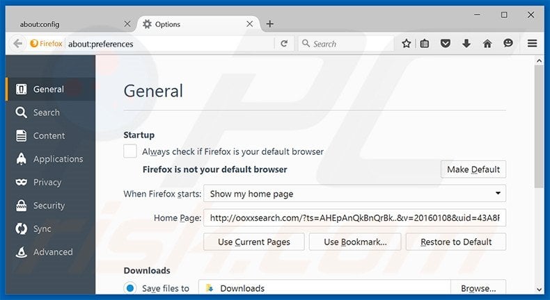 Eliminando ooxxsearch.com de la página de inicio de Mozilla Firefox
