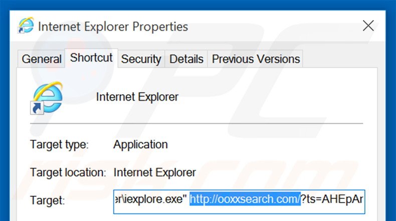 Eliminar ooxxsearch.com del destino del acceso directo de Internet Explorer paso 2