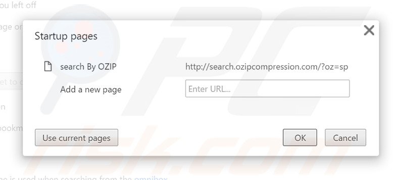 Eliminando search.ozipcompression.com de la página de inicio de Google Chrome