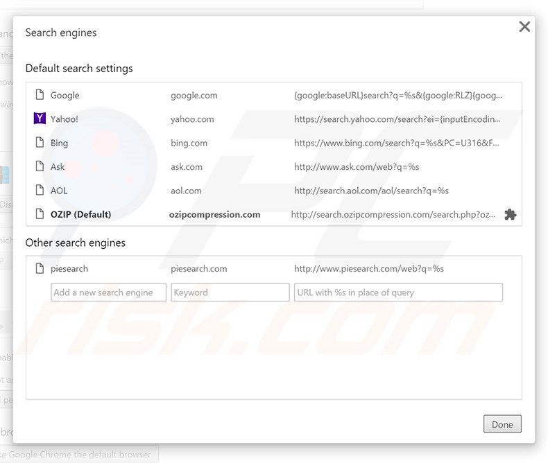 Eliminando search.ozipcompression.com del motor de búsqueda por defecto de Google Chrome