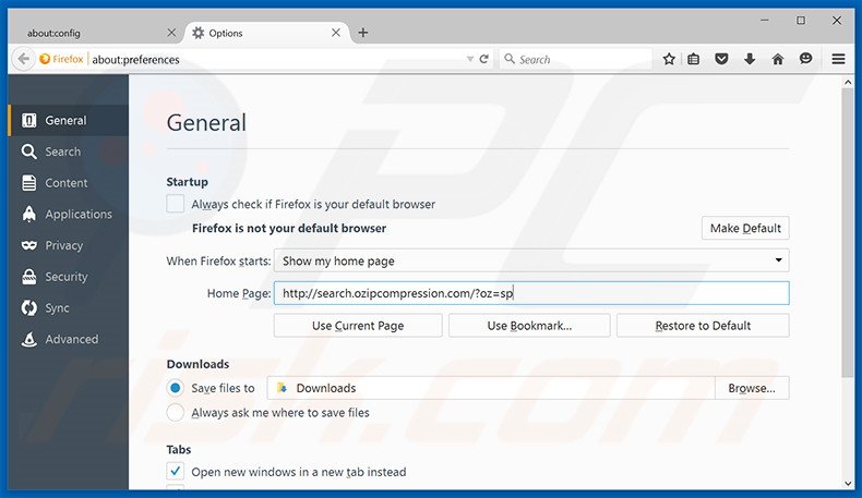 Eliminando search.ozipcompression.com de la página de inicio de Mozilla Firefox