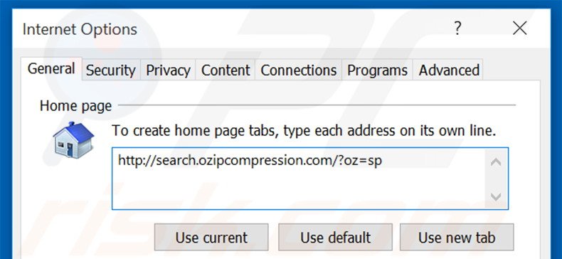 Eliminando search.ozipcompression.com de la página de inicio de Internet Explorer