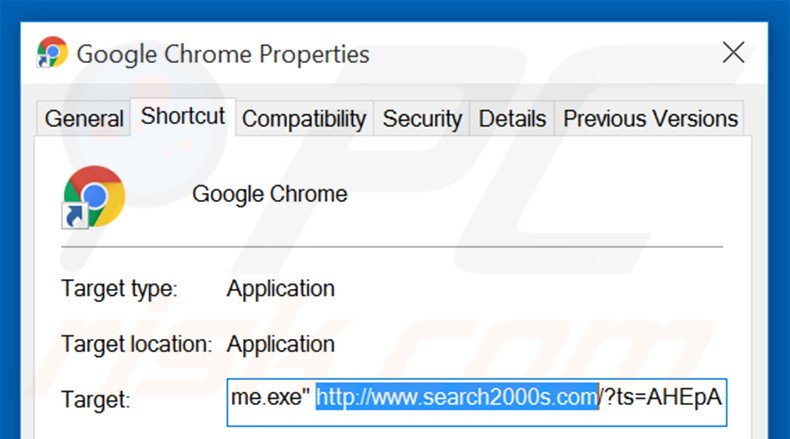 Eliminar search2000s.com del destino del acceso directo de Google Chrome paso 2