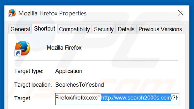 Eliminar search2000s.com del destino del acceso directo de Mozilla Firefox paso 2