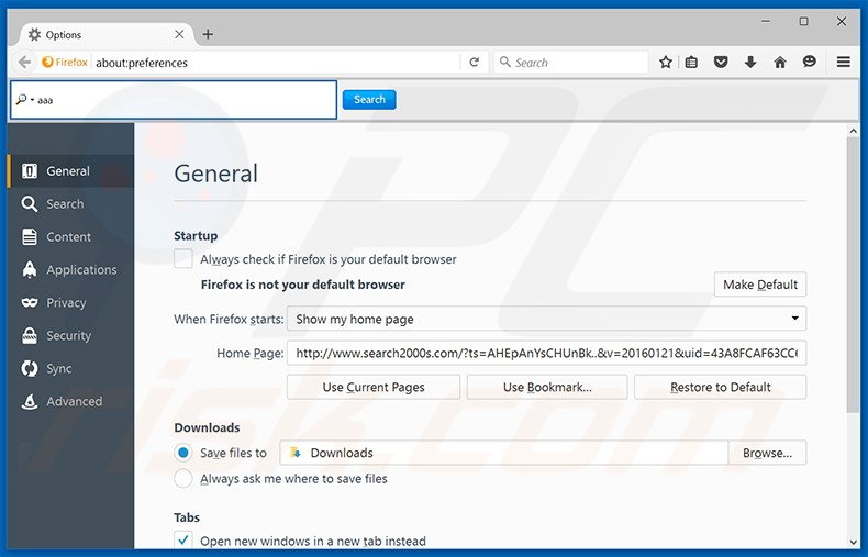 Eliminando search2000s.com de la página de inicio de Mozilla Firefox