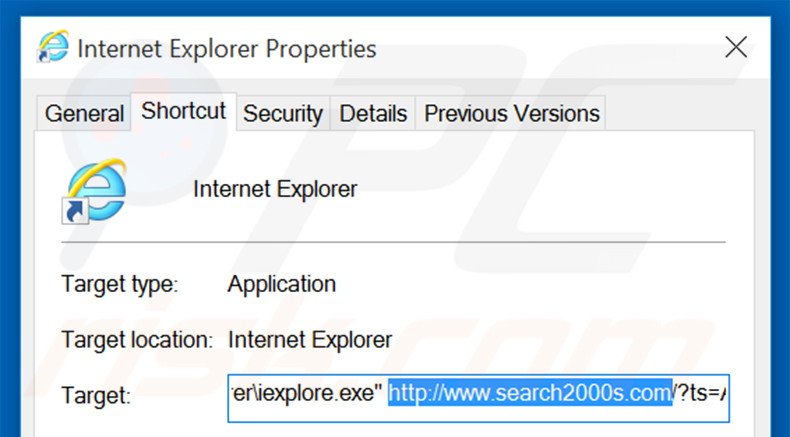 Eliminar search2000s.com del destino del acceso directo de Internet Explorer paso 2