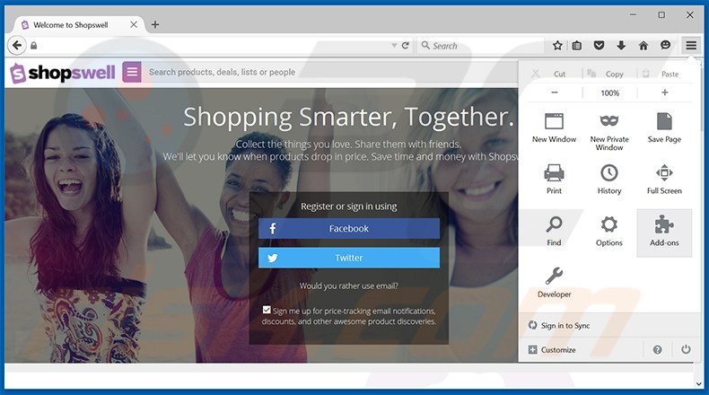 Eliminando los anuncios Shopswell de Mozilla Firefox paso 1