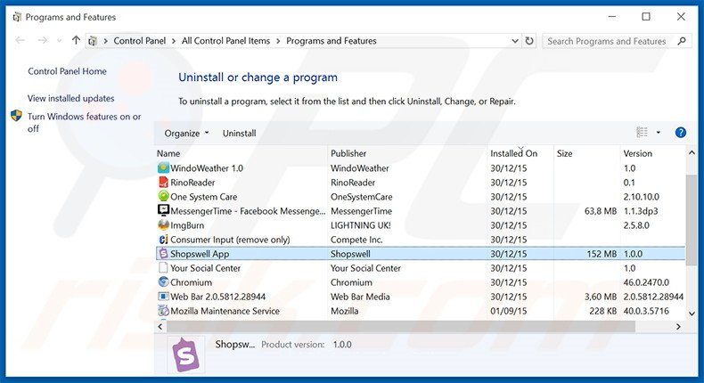 desinstalar el adware Shopswell del Panel de control