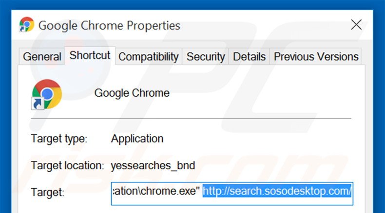 Eliminar search.sosodesktop.com del destino del acceso directo de Google Chrome paso 2